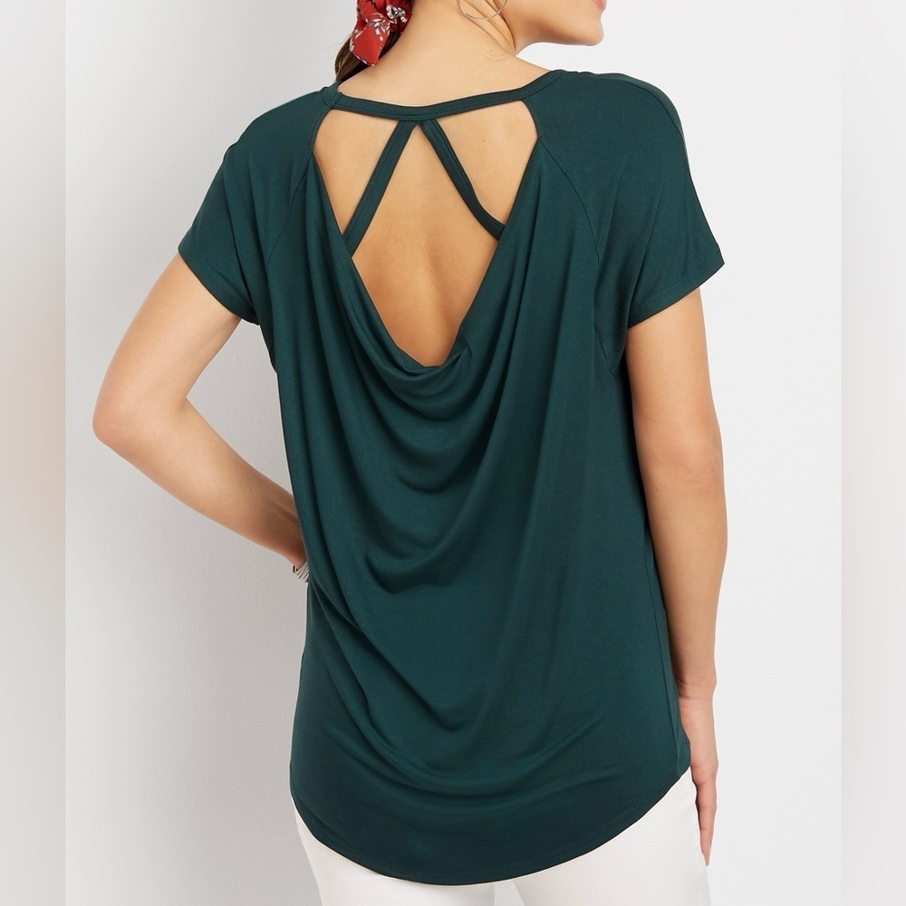 Maurices 24/7 Scoop Cowl Strappy Back Tee Dark Teal Short Sleeve Small Women’s